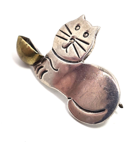 Taxco Mexico Kitty Cat and bow vintage signed sterling silver brooch TM-211