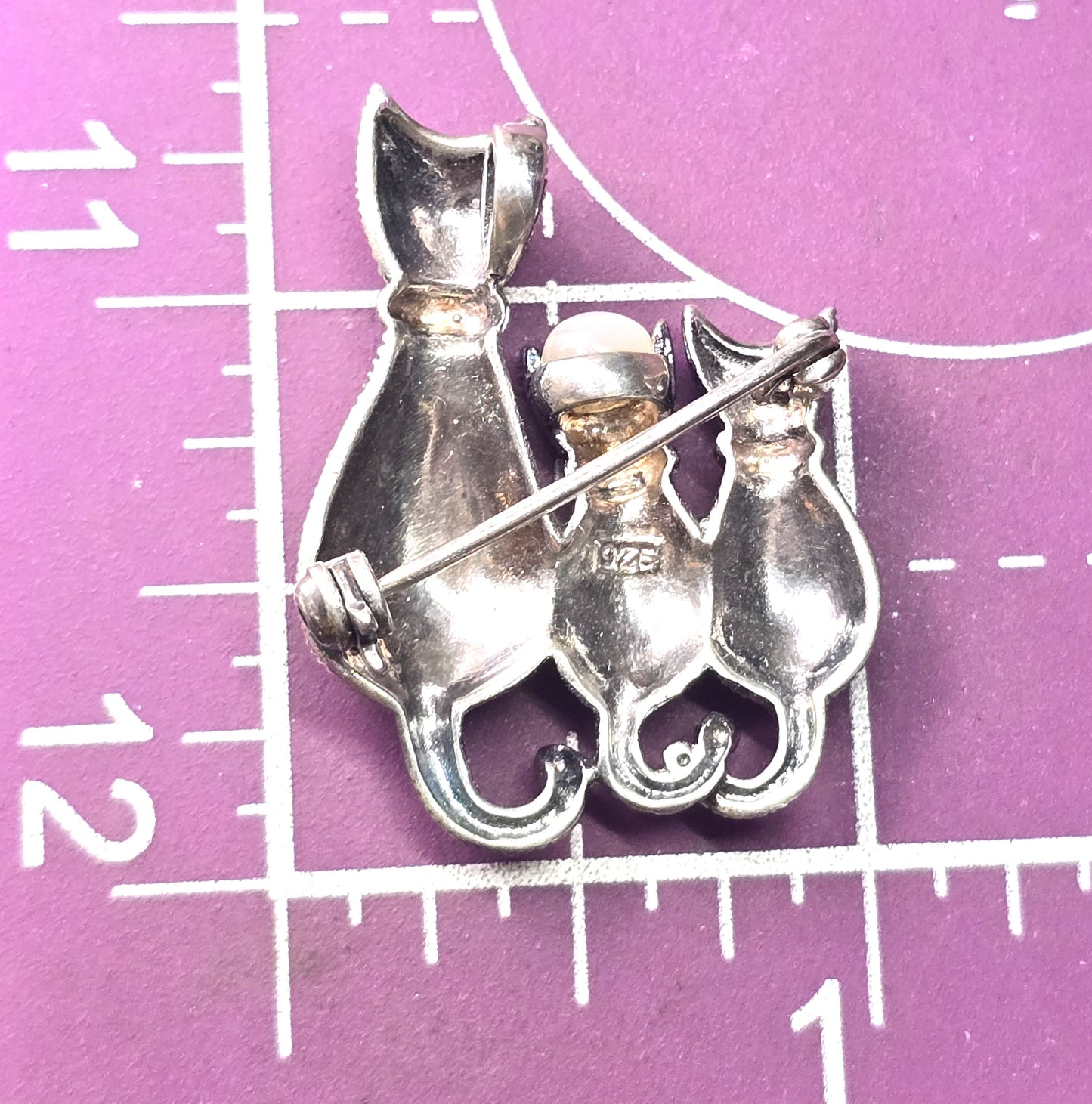 Momma and two kittens MOP moon marcasite sterling silver 3 cat pendant brooch