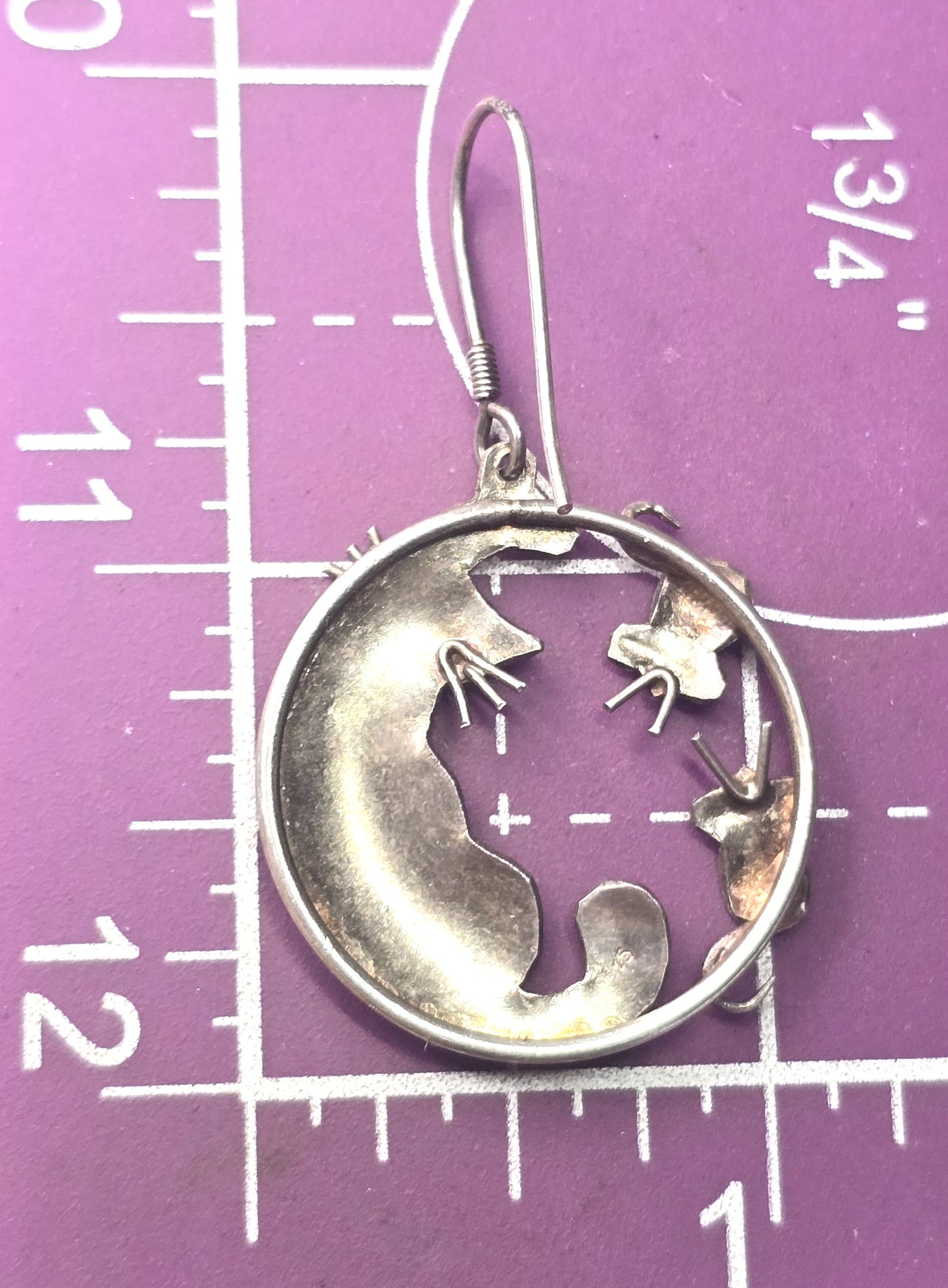 Cat and mouse purple enamel Cloisonne sterling silver large hoop vintage Earrings