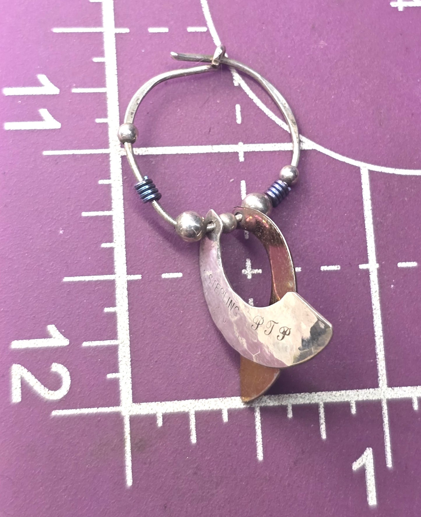 PTP purple Niobium hammered sterling silver signed vintage beaded earrings
