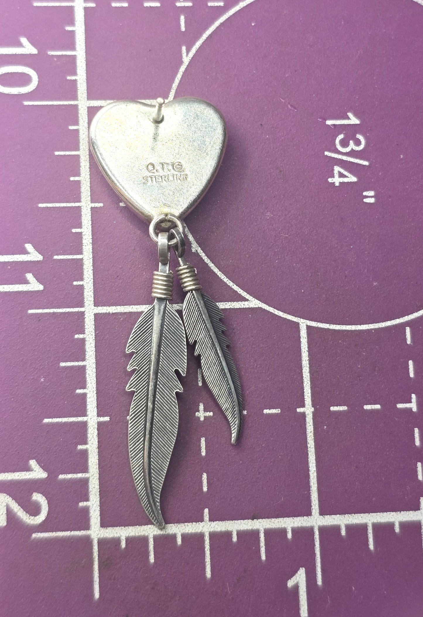 QT Quoc Turquoise Zuni bear black heart sterling silver vintage feather earrings