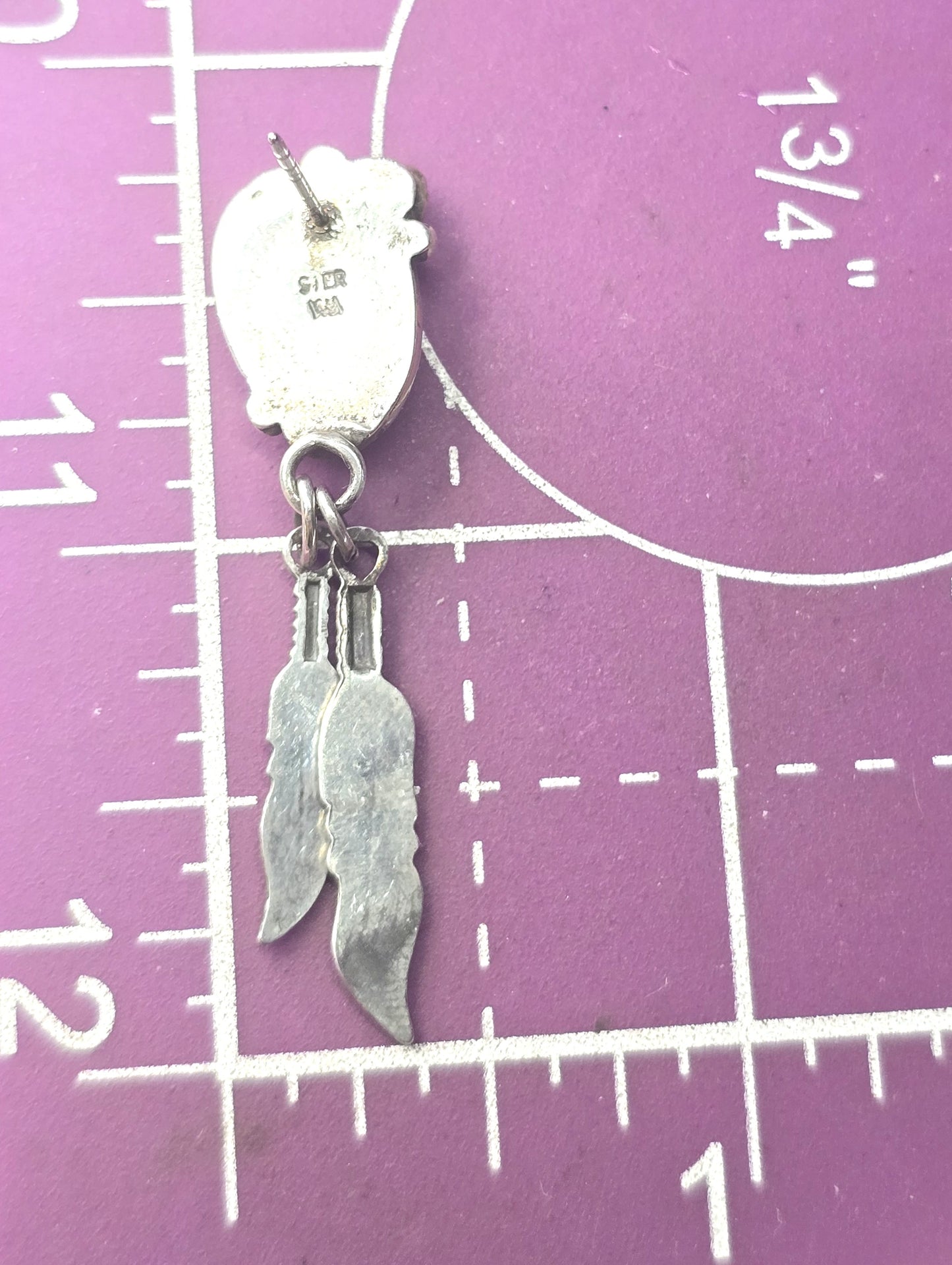 Spiney oyster Native American sterling silver feather drop vintage earrings