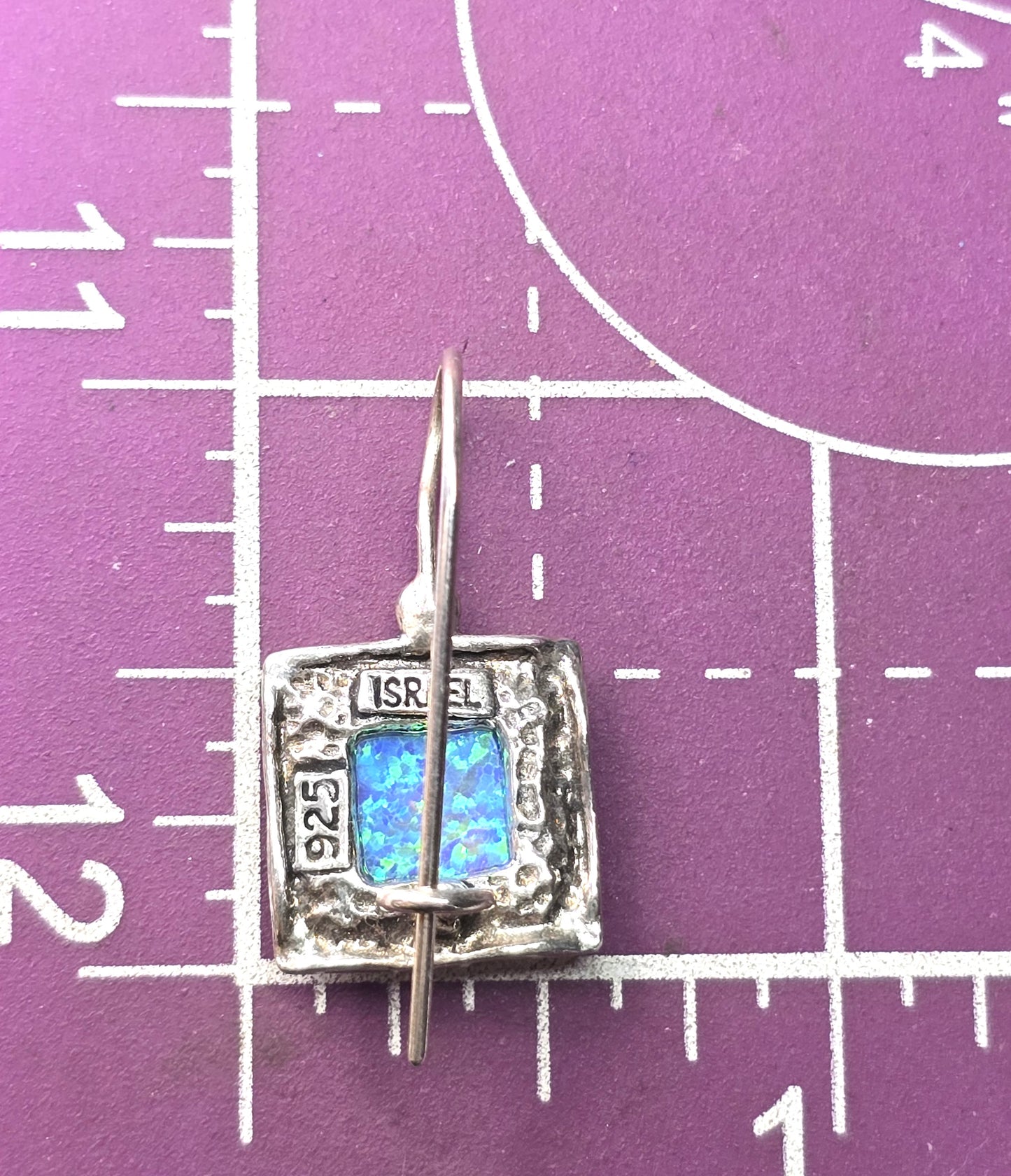 Israel Hammered Sterling Silver Roman Glass locking back drop earrings