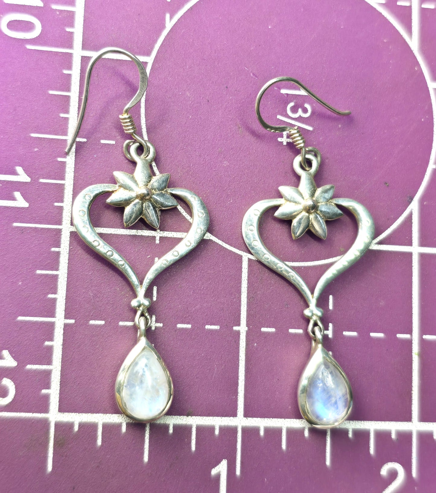 Blue moonstone gemstone hear with flowers pear cut sterling silver earrings