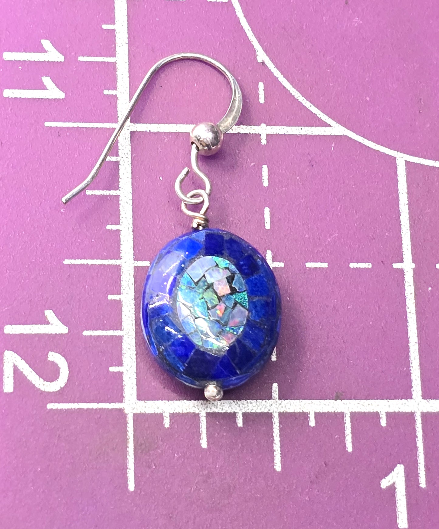 Blue fire opal and lapis lazuli mosaic sterling silver drop earrings