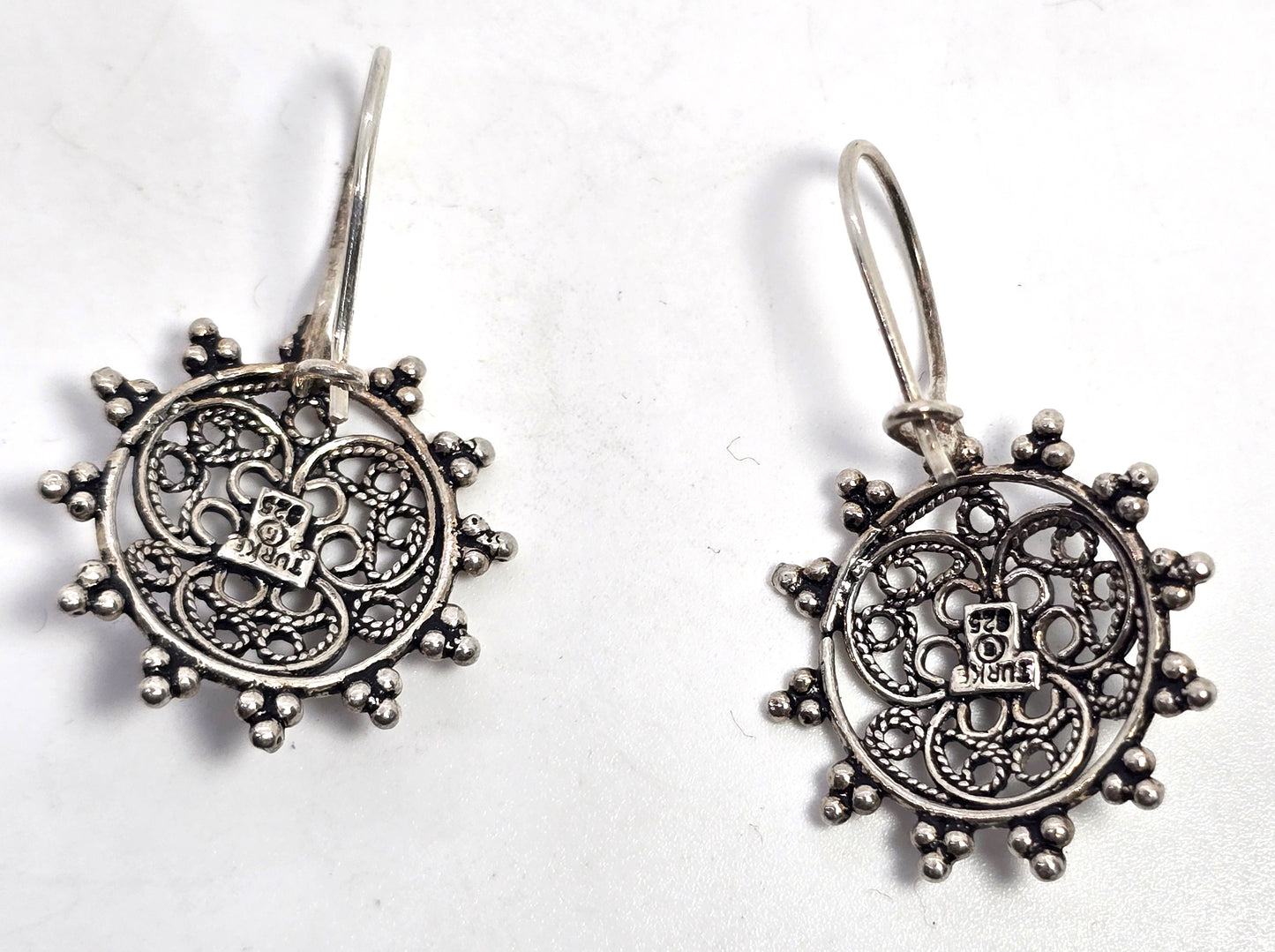 Tribal mandala sterling silver Turkey long signed locking earrings
