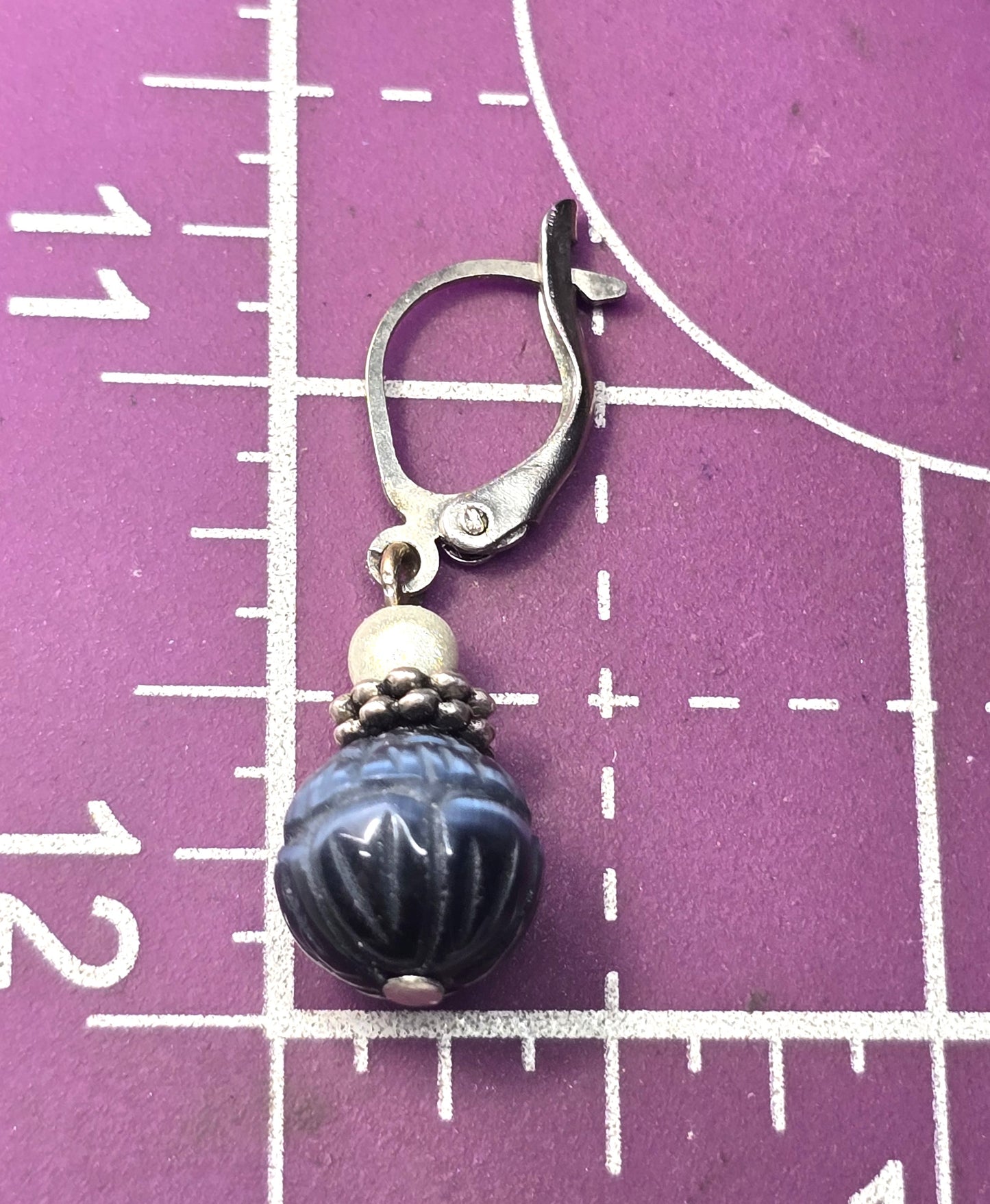 Blue tiger's eye carved beaded silver plated gemstone vintage earrings