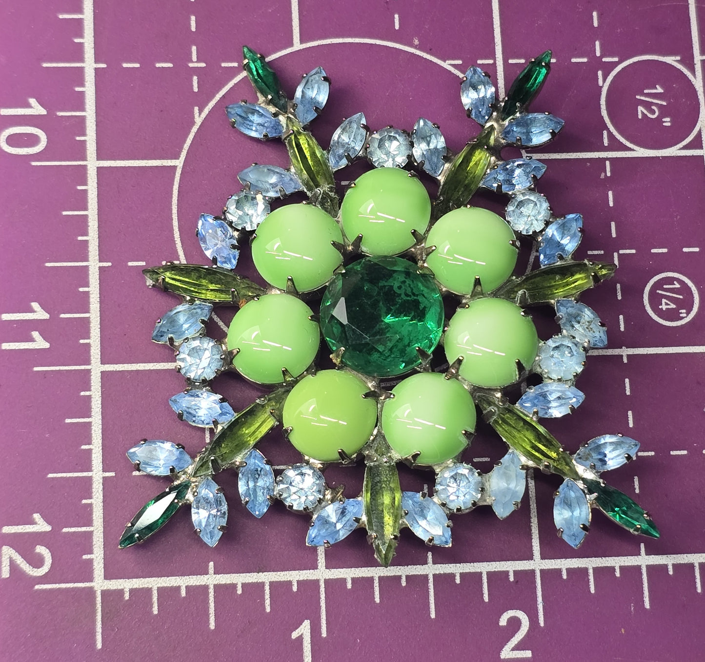 Czech cut bohemian Olivine green and blue large rhinestone vintage brooch
