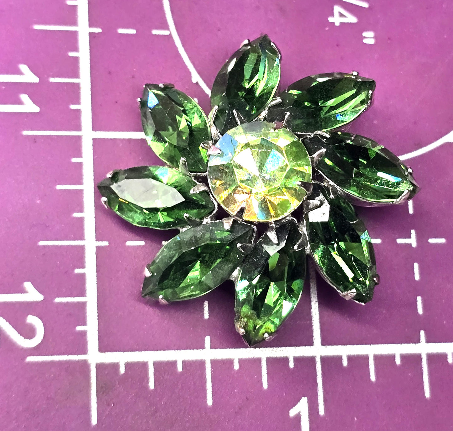 Green uranium glass rhinestone silver toned flower UV glow vintage brooch