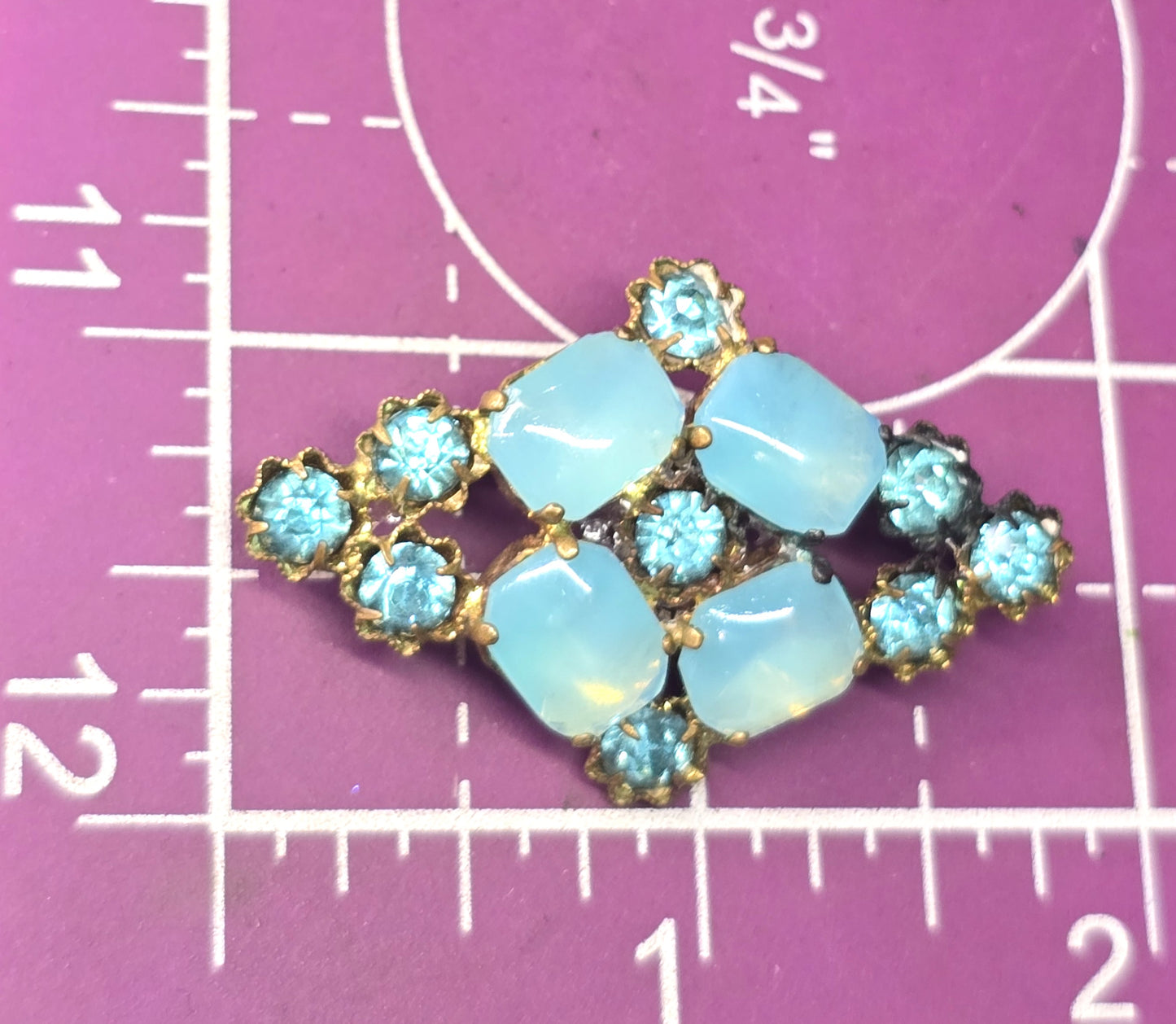 Czech aqua blue bohemian glass rhinestone vintage gold toned flower brooch