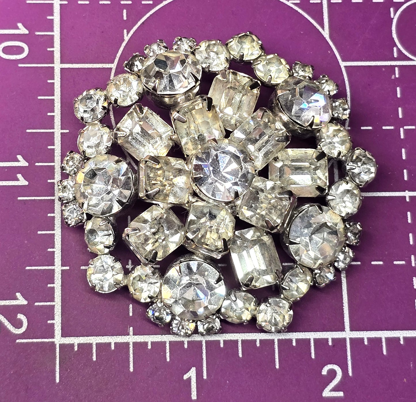 Emerald cut clear rhinestone large mid century flower spiral brooch pin