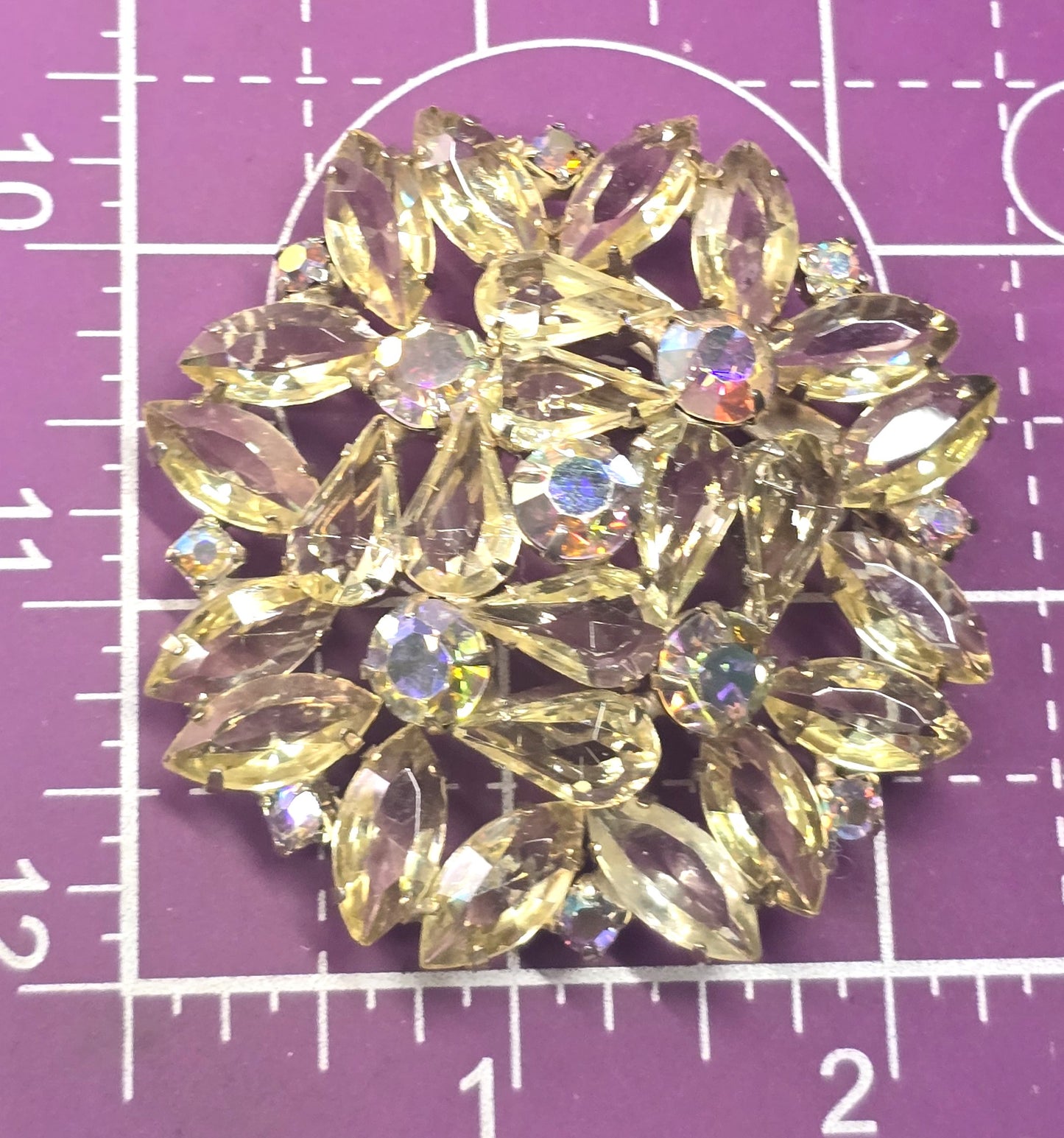 Jonquil yellow rhinestone AB Aurora Borealis prong set vintage rhinestone brooch