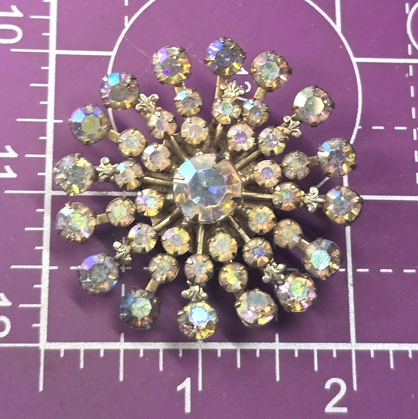 Rainbow Aurora Borealis mid century MCM atomic vintage rhinestone brooch