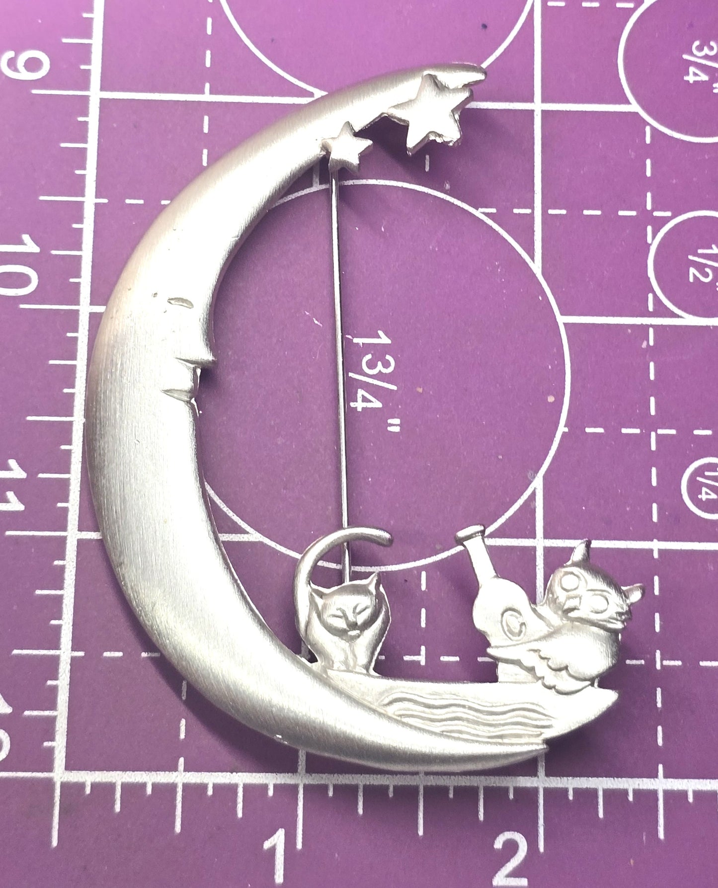 Lia Sophia Crescent Cat on the moon Silver Toned Large Pin Brooch