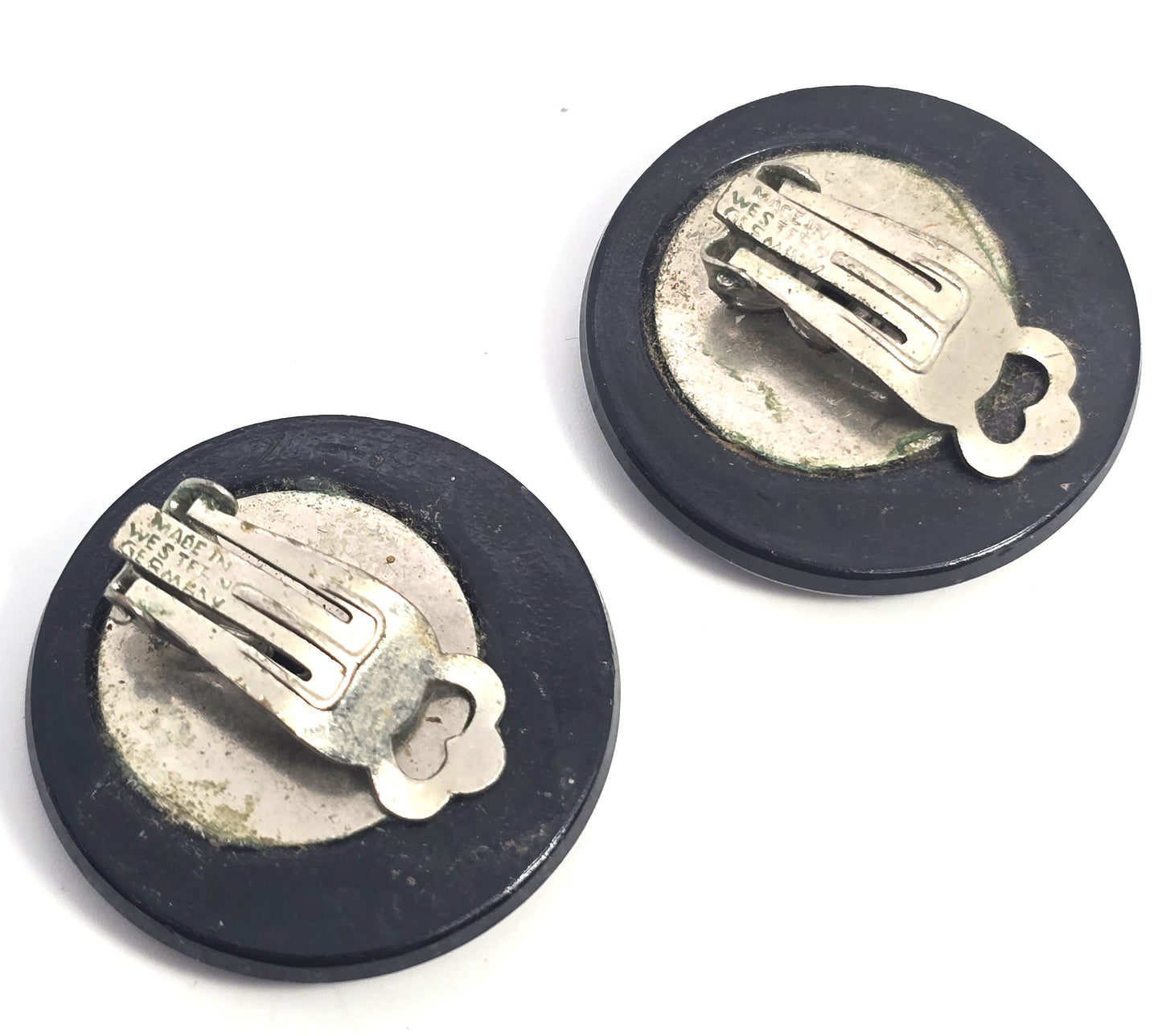 West Germany black Mourning glass carved antique signed clip on earrings