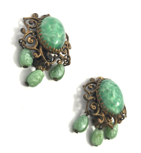 Peking Glass Antique Czech green glass Art Deco molded glass clip on earrings
