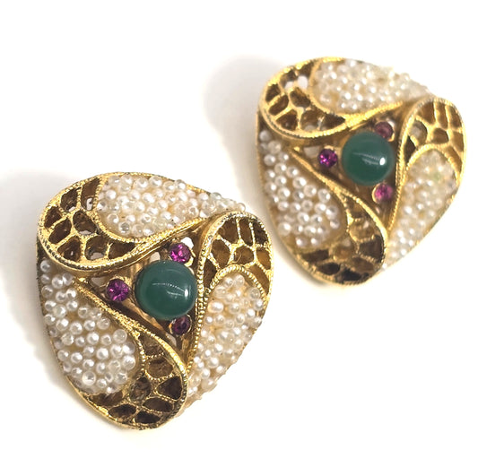 BSK signed faux pearl pink green rhinestone vintage gold toned clip on earrings