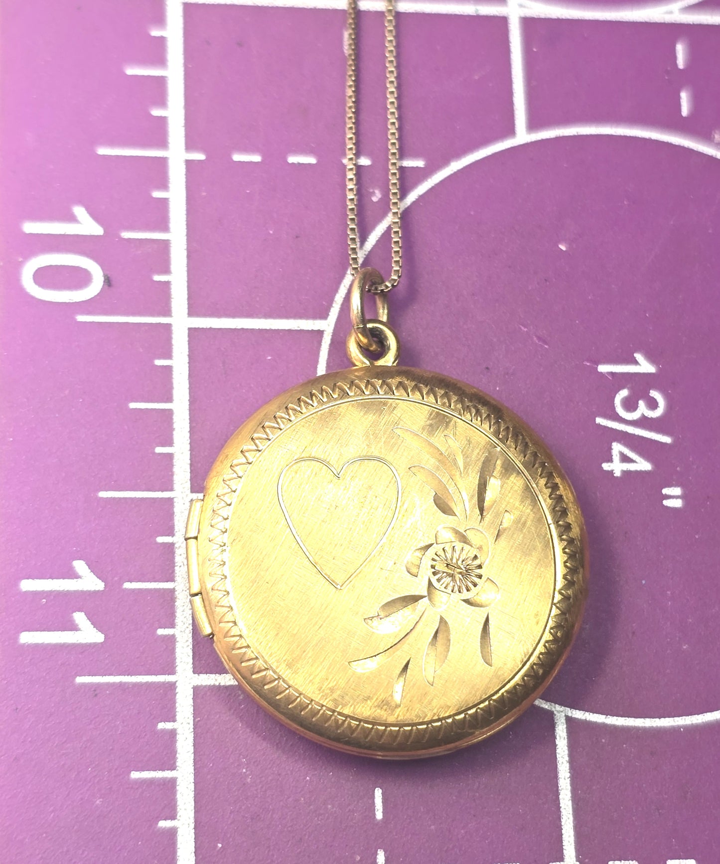 12k Gold filled etched heart and flower locket mid century photo necklace