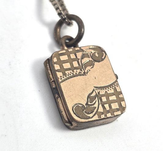 Art Deco gold filled etched box photo locket necklace with sterling chain