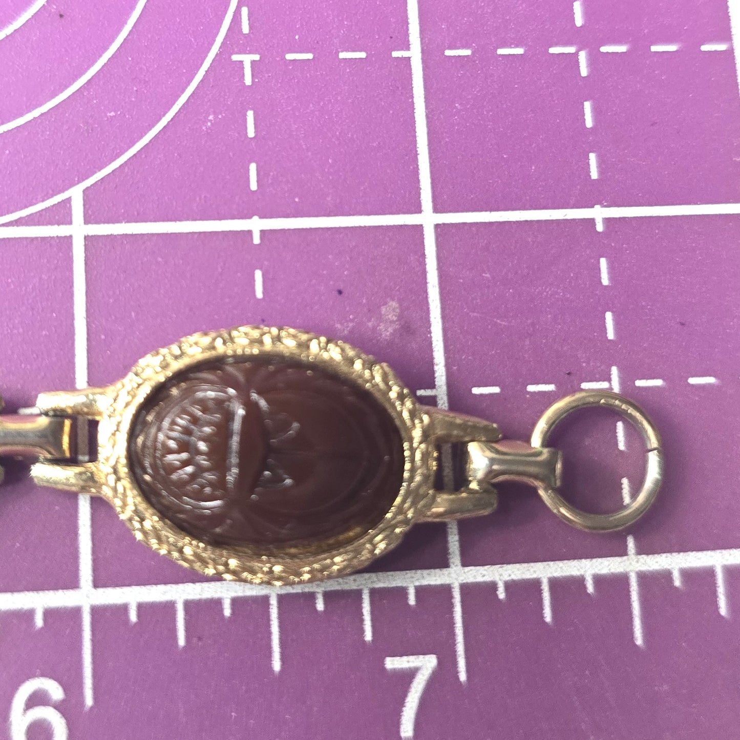 Egyptian Revival scarab beetle molded glass vintage gold toned bracelet