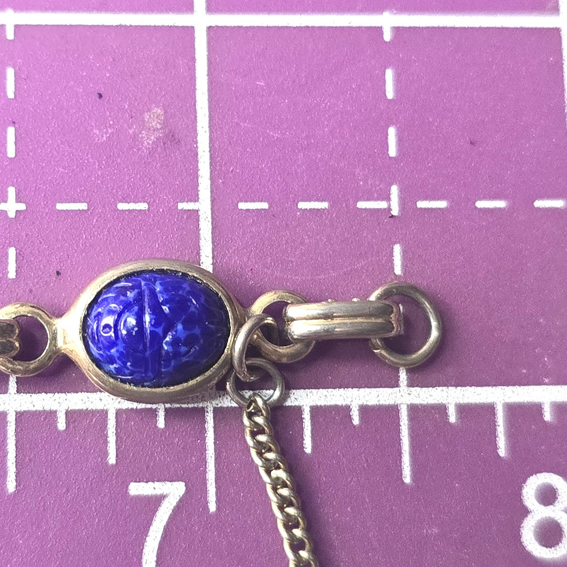 Egyptian Revival scarab beetle molded glass gold toned vintage 7.5" bracelet