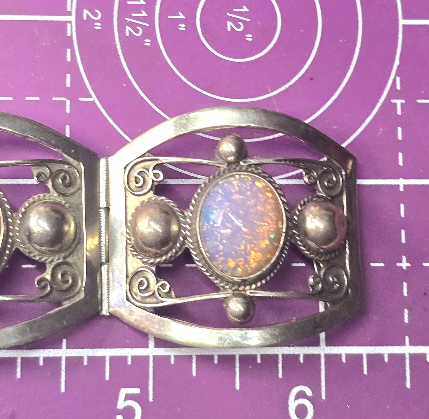 Mexican Dichroic glass Jelly Opal artisan Large silver plated 4 panel bracelet