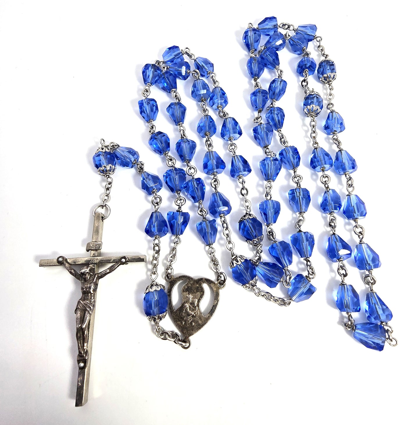 Blue Austrian crystal faceted beaded glass vintage rosary crucifix