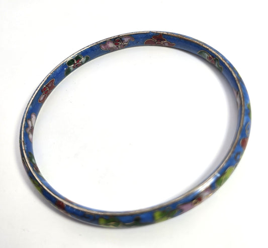 Blue Cloisonne enamel red and pink flower vintage bangle bracelet