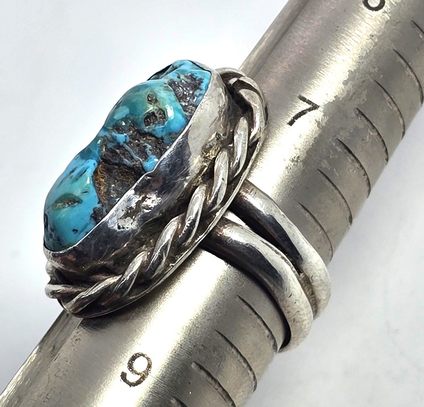 Natural Rough turquoise sterling silver twisted rope split Southwestern ring size 8
