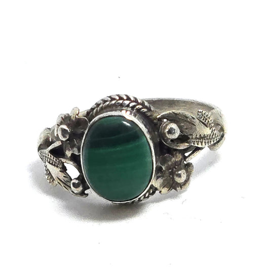 Malachite Southwestern flowers vintage sterling silver ring size 7.5