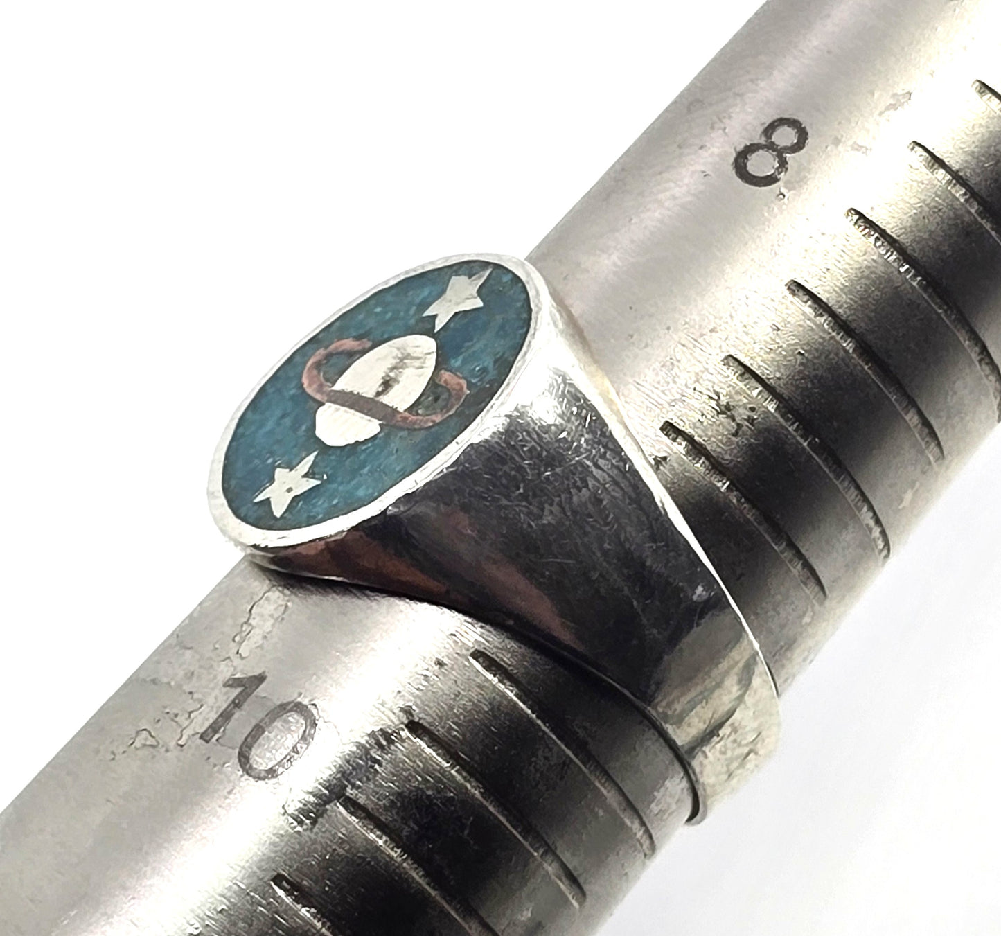 Saturn celestial Turquoise Inlay Planet sterling silver Mexico FFF vintage ring size 9