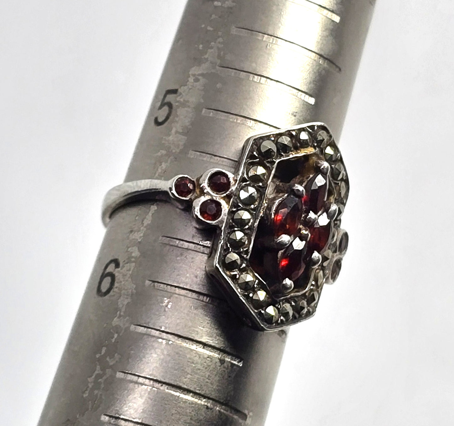 Red Garnet and Marcasite Art Deco style sterling silver framed ring size 5.5