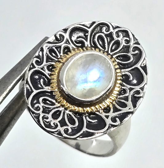 BGJ Flashy Blue Moonstone tribal Bali Balinese vintage sterling silver ring size 9.5