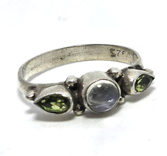 Flashy Blue Moonstone peridot tribal Bali stacker sterling silver ring size 7