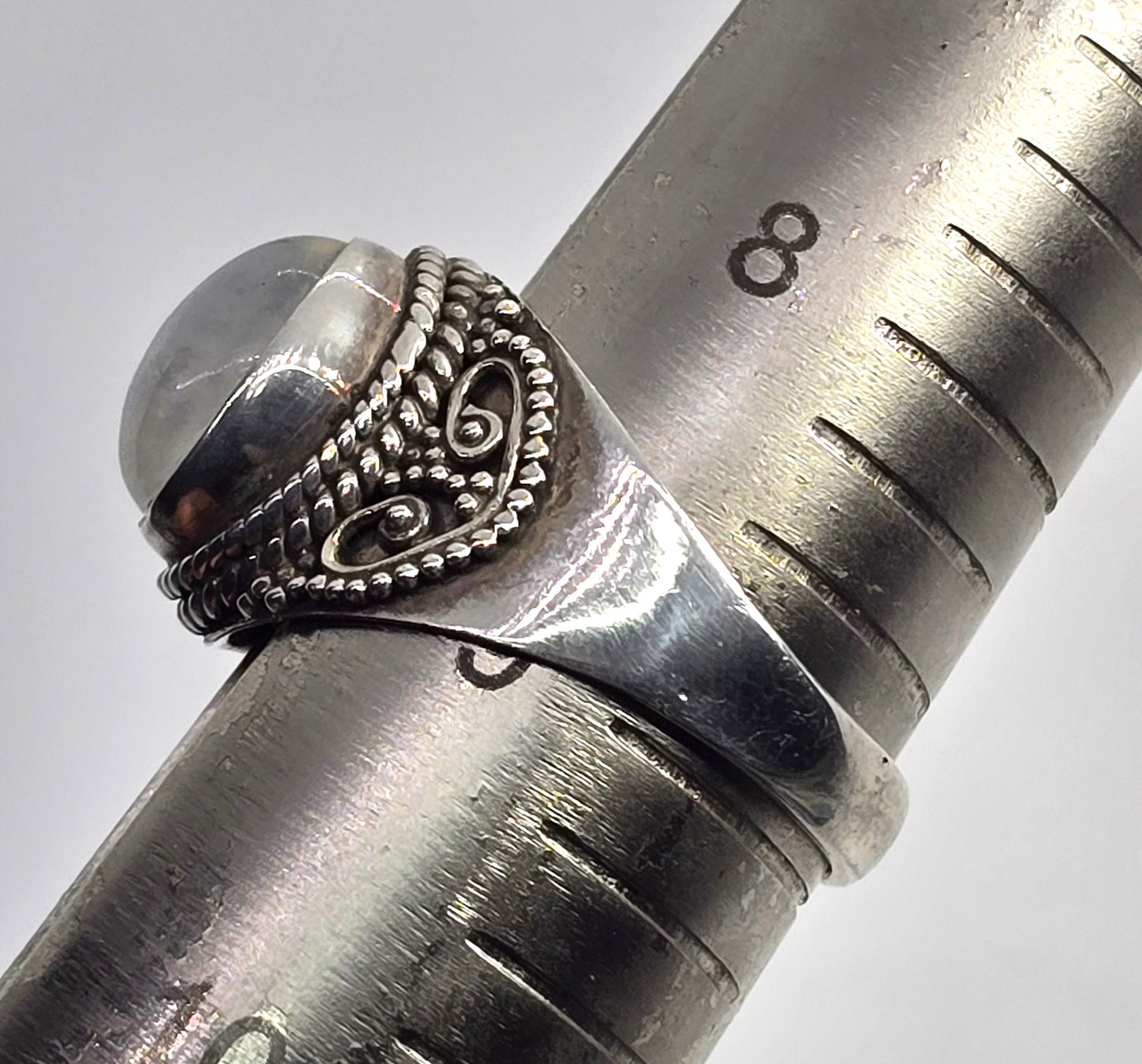 Flashy Blue Moonstone tribal Bali Balinese vintage sterling silver ring size 9