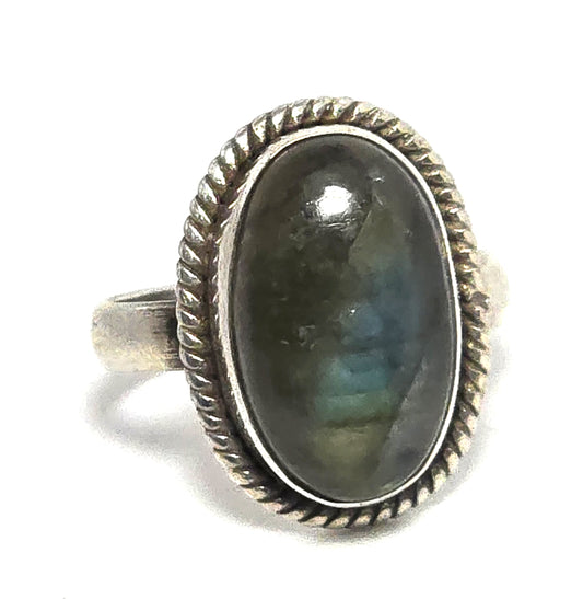 Labradorite flashy blue sterling silver twisted rope Bali tribal vintage ring size 6.5