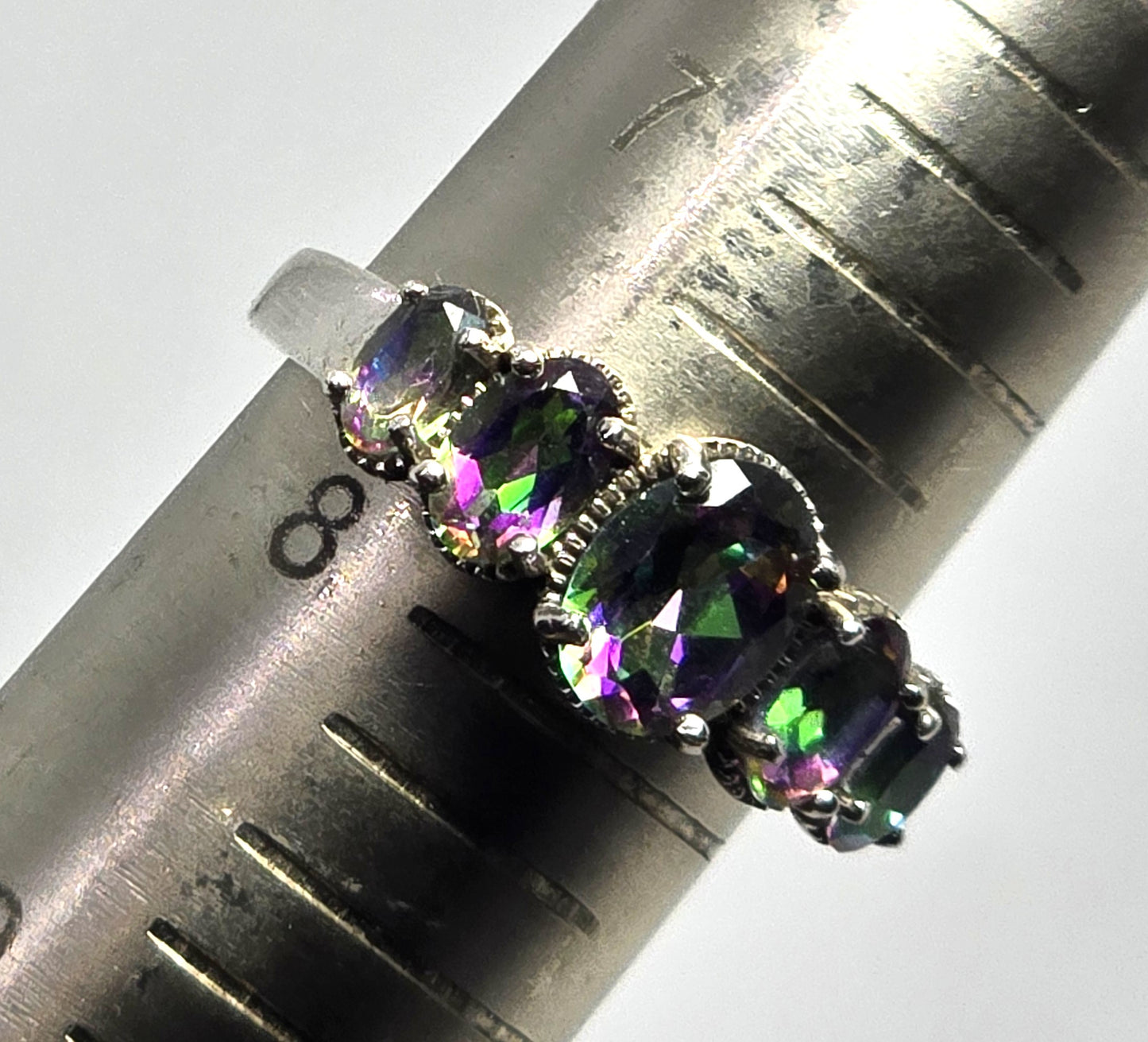 Peacock Mystic Topaz 5 stone oval cut faceted sterling silver ring size 7.75