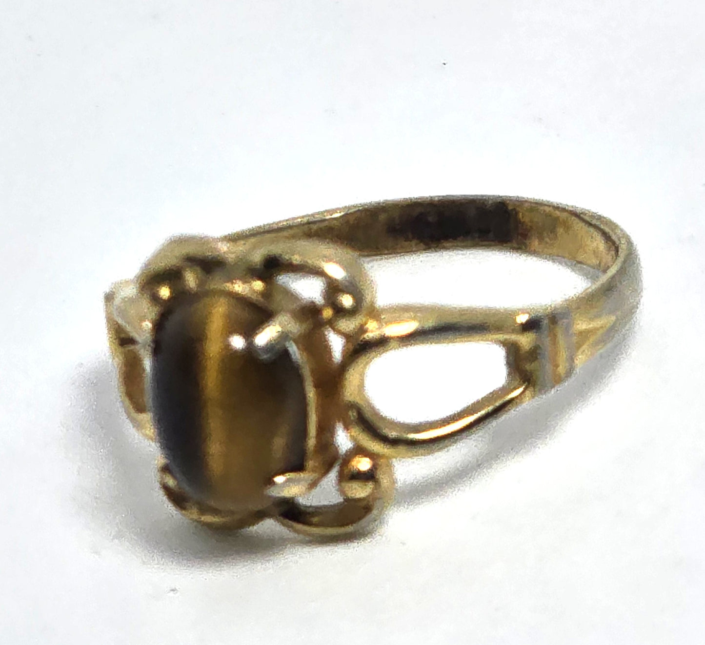 Brown Tiger's eye yellow 18k gold electroplate vintage ring size 6