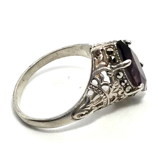 Art Deco style amethyst marcasite marquis sterling silver vintage filigree ring size 9