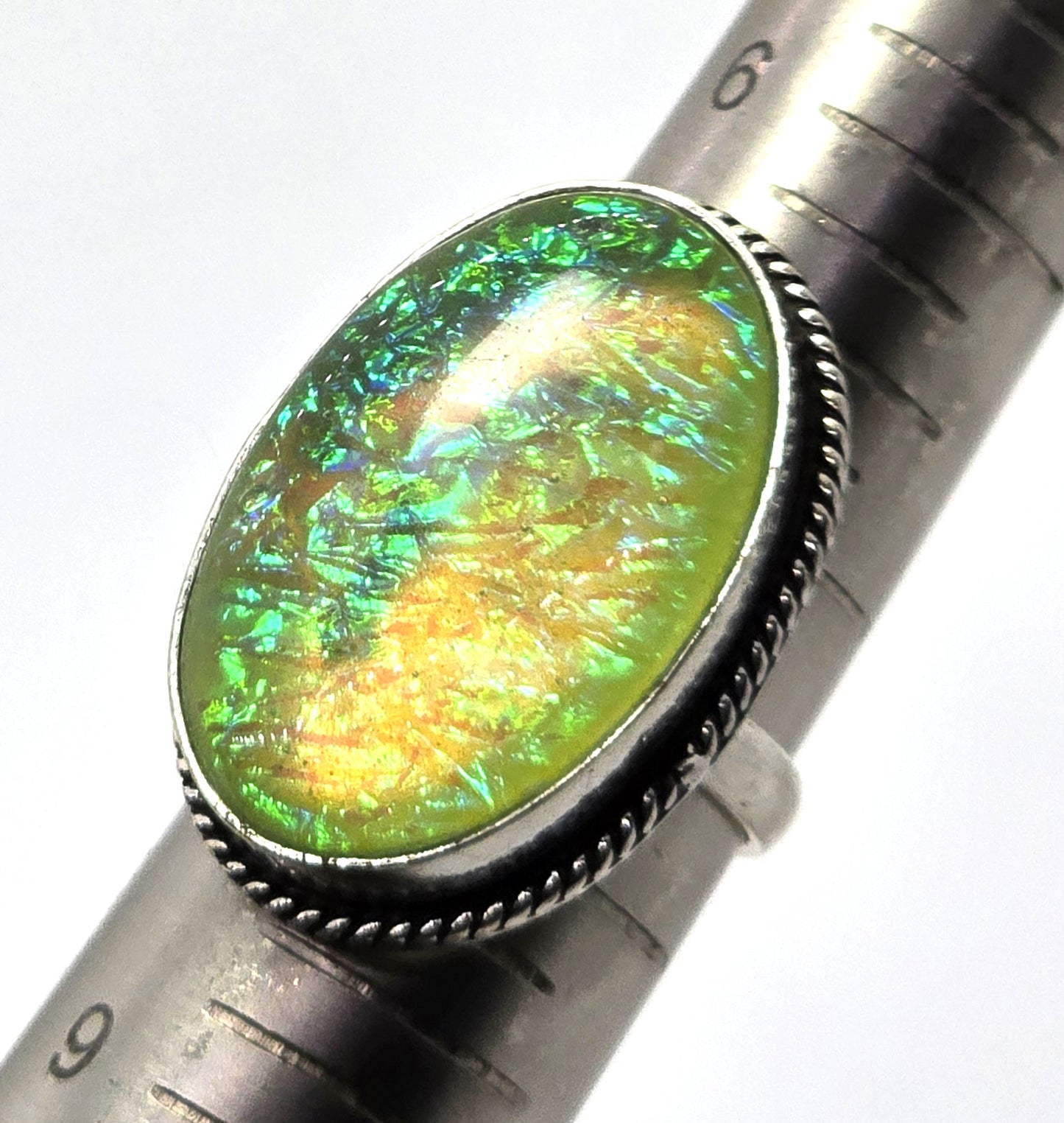 Dichroic foil glass green artisan plated silver vintage ring size 7.5