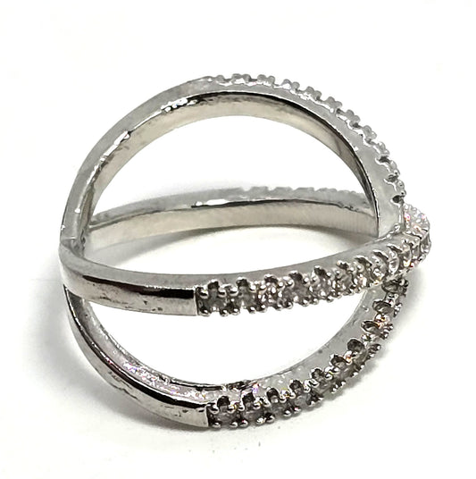 Criss Cross X Cubic zirconia pave set rhodium plated sterling silver ring size 6