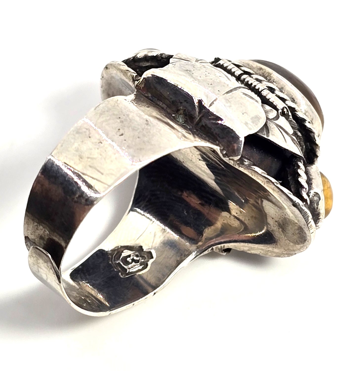 Tiger's eye Mexican Taxco sterling silver vintage Poison ring eagle mark size 7