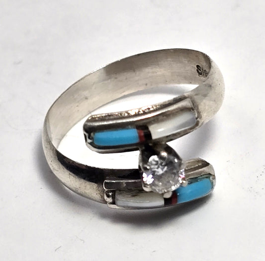 J signed multi gemstone inlay CZ Sterling Silver wrap turquoise vintage Ring size 8