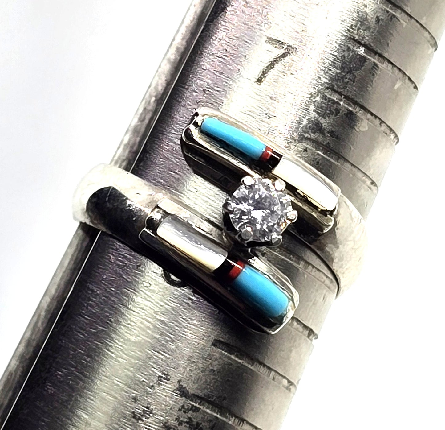 J signed multi gemstone inlay CZ Sterling Silver wrap turquoise vintage Ring size 8