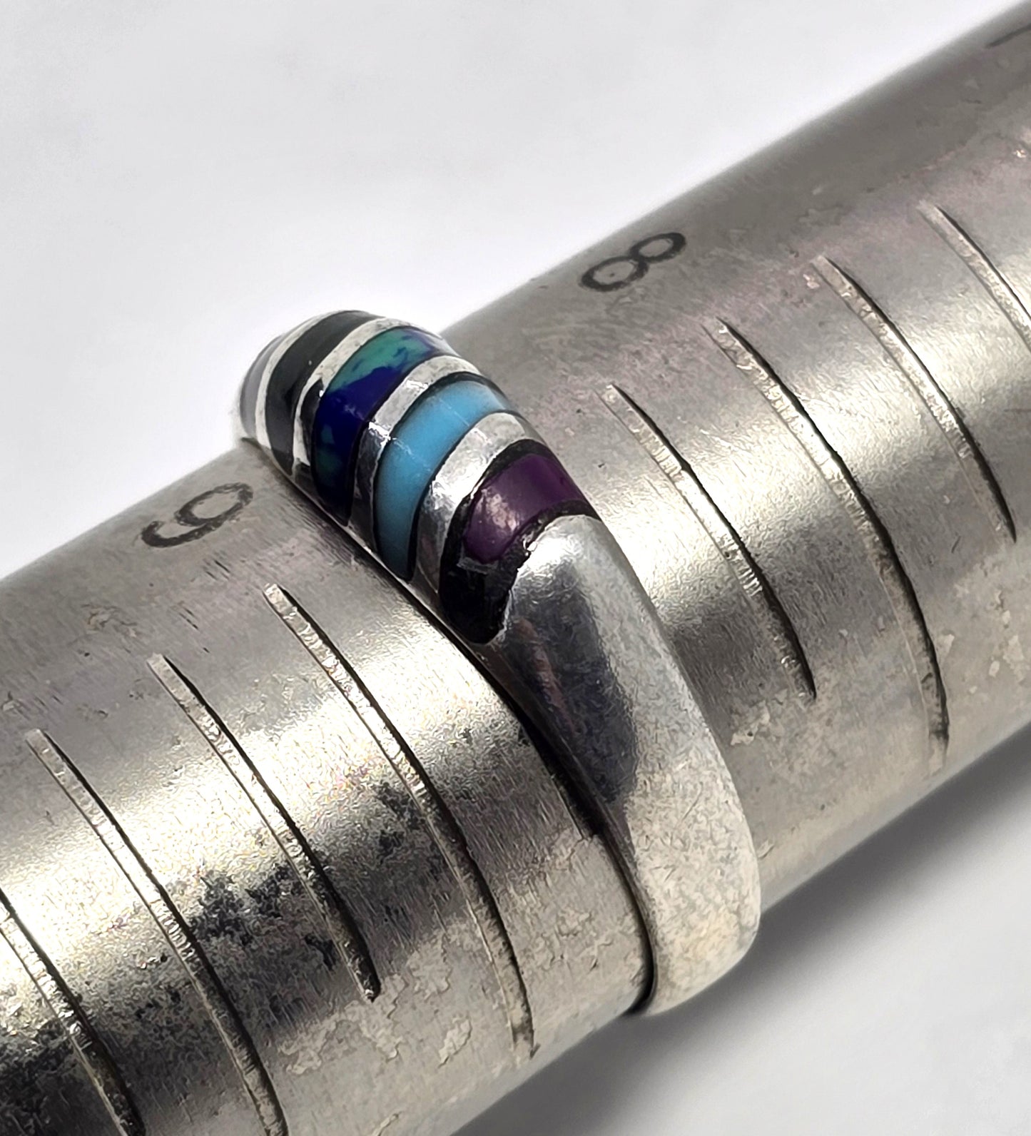 Multi gemstone inlay small domed Sterling Silver vintage Ring band size 8.75