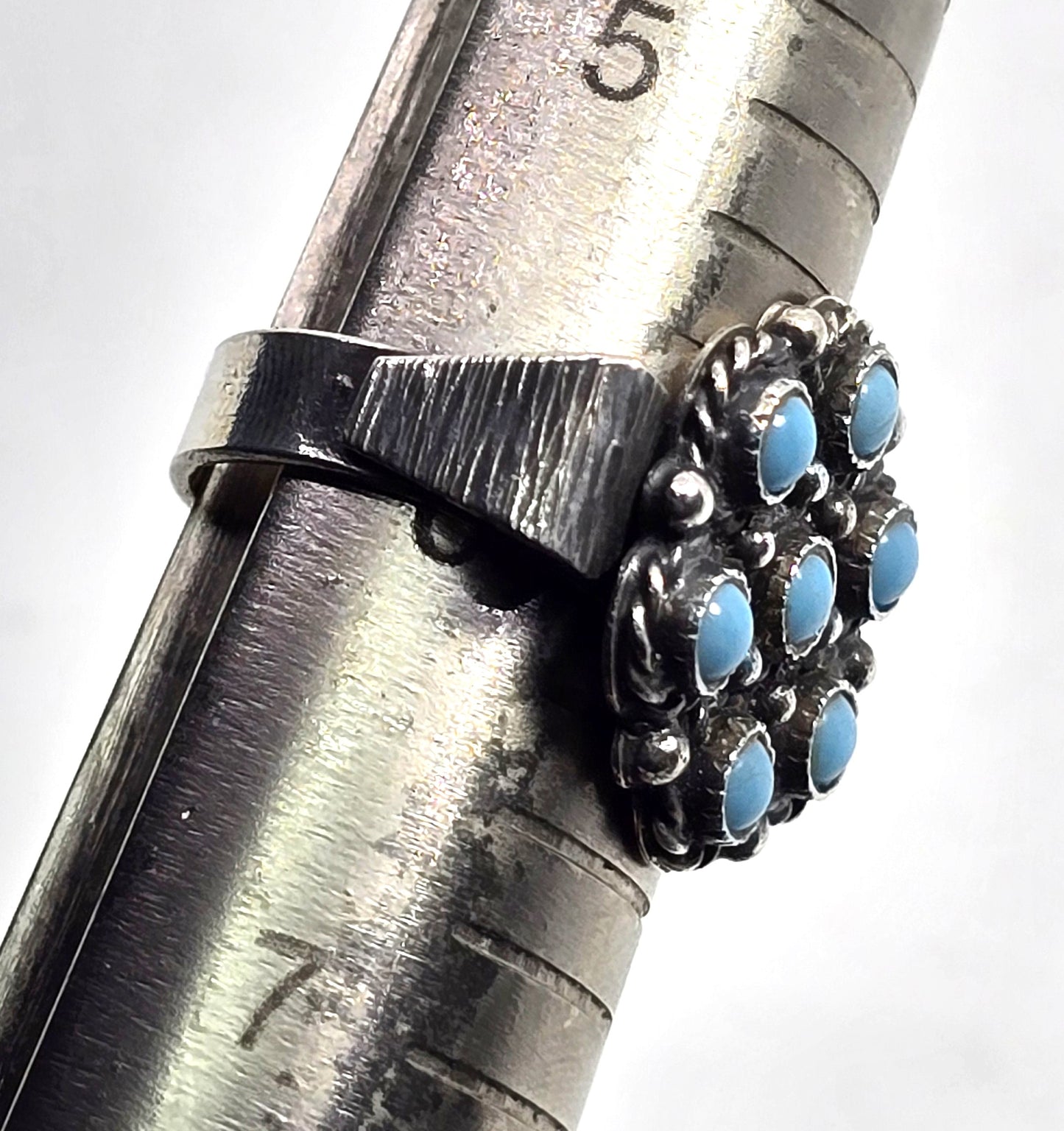 Zuni Snake Eyes flower petite point turquoise vintage Sterling Silver ring size 6