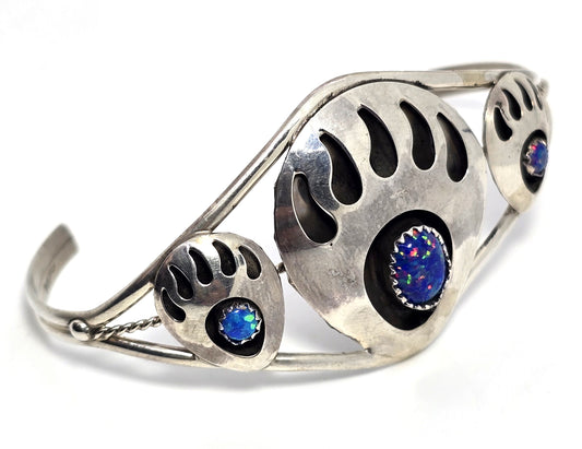 Navajo triple bear paw blue fire opal vintage sterling silver cuff bracelet