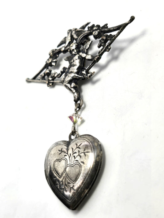 Cherub Cupid Putti Repousse heart locket silver plated vintage brooch