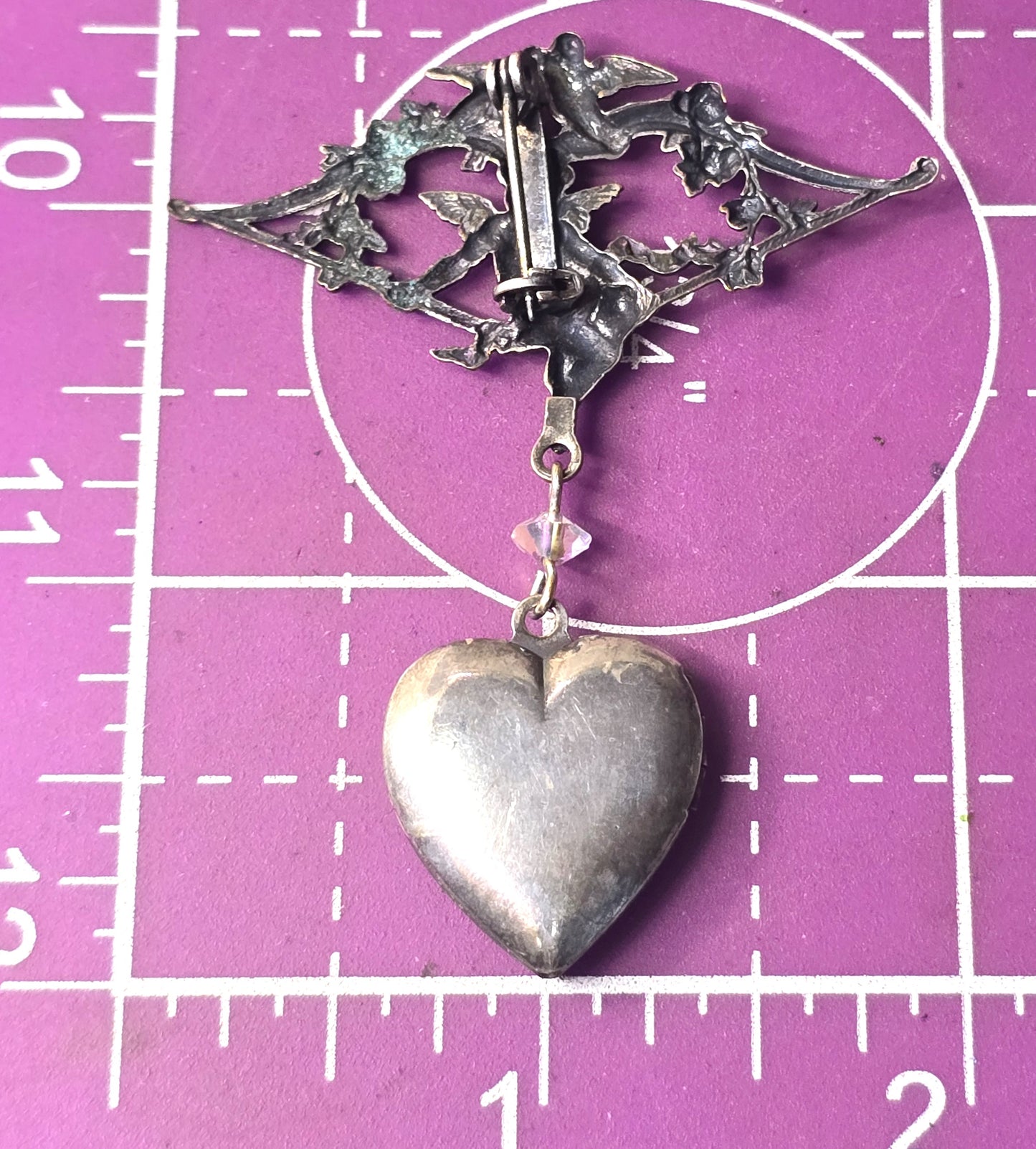 Cherub Cupid Putti Repousse heart locket silver plated vintage brooch