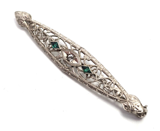 Art Deco fine filigree rhodium plated green and clear paste bar pin brooch